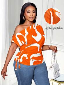 SOLERSUN Blusa asimétrica con hombro descubierto, cordón y fruncido lateral de talla grande con estampado geométrico para mujer, Estampado aleatorio, Top con un solo hombro - Naranja - Ver 1