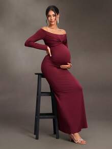 Cheriluna Maternity Maternity Solid Color Off-Shoulder Casual Party & Travel Dress - Burgundy - View 7