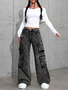 SHEIN 少女高腰工装口袋阔腿宽松休闲牛仔裤 - 黑色 - 查看 4