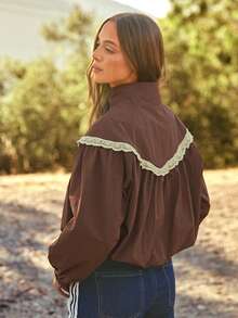 WESTFADE Funnel Neck Lace Trim Long Sleeve Oversized Jacket, Fall, Winter, Autumn, Female Country Look, Cowgirl, Rodeo, Festival, Western - Brown - View 3