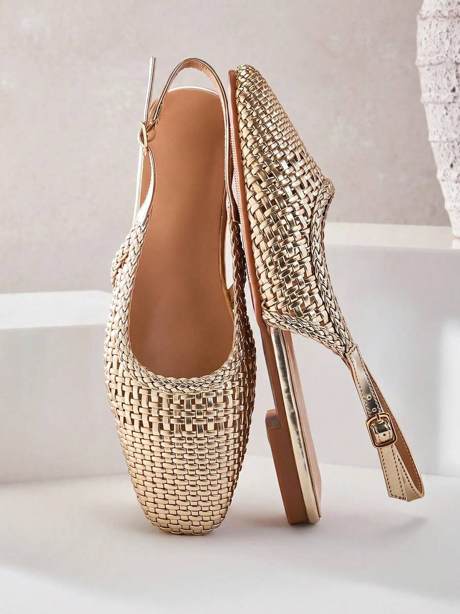 SHUZIA Ladies Elegant Crochet Woven PU Slingback Mules - Gold - View 1