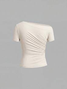 SHEIN Clasi 女款純色不對稱肩短袖抓皺修身時尚T恤 - 彩色 - 查看 5