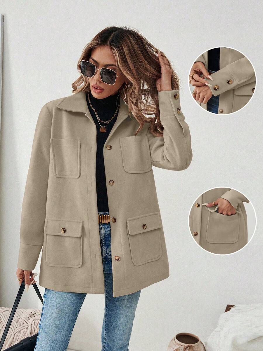 SHEIN PariChic 女款素色單排扣休閒多口袋夾克 - 駝色 - 查看 1