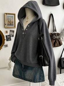 Lalippa Women's Solid Color Hooded Casual Daily Long Sleeve Sweatshirt - Dark Grey - View 3