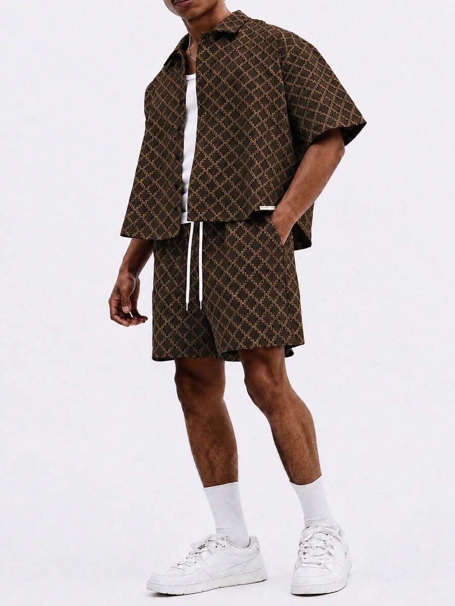 SUMWON Mens Short Sleeve Button-Up Shirt Co-Ord With Diamond Monogram Jacquard Pattern Summer Casual Matching Set - Coffee Brown - View 1