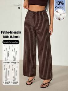 SHEIN PETITE 女款棕色條紋棉混紡直筒長褲：優雅教師褲 - 棕色 - 查看 1