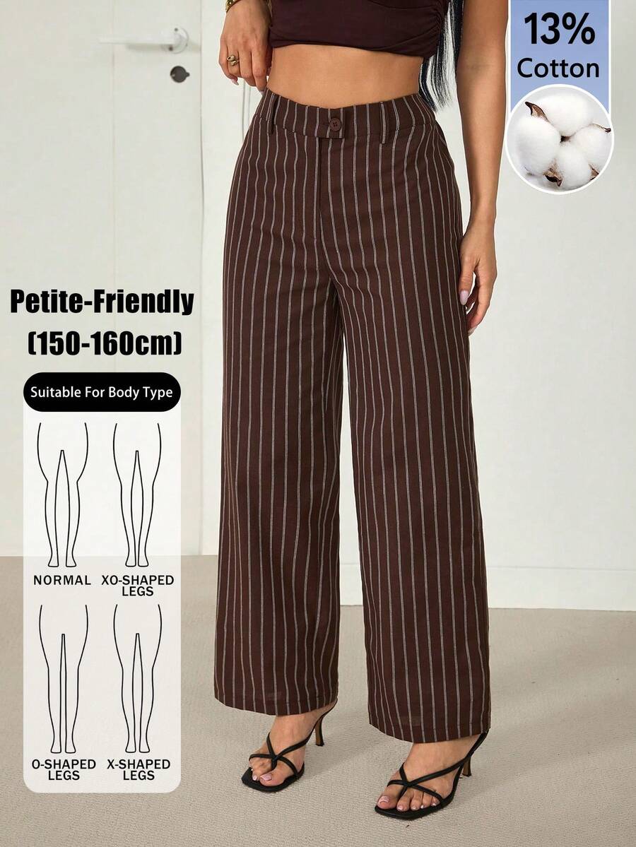 SHEIN PETITE 女款棕色條紋棉混紡直筒長褲:優雅教師褲 - 棕色 - 查看 1