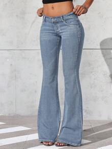 Jeanoix Star Embroidery Rhinestone Low Waist Elastic Fitted Washed Denim Flare Jeans - Medium Wash - View 5