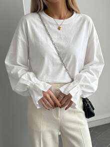 FRIFUL Women's Solid Color Round Neck Casual Long Sleeve T-Shirt - White - View 5