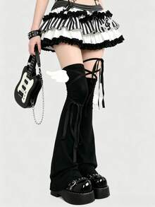 ROMWE Kawaii 可愛 Y2K 風格蝴蝶結綁帶純色女款腿套，適合時尚裝飾、動漫角色 Cosplay、JK 配件 - 黑色 - 查看 2