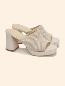 CUCCOO BASICS Women's Beige Knit Peep Toe Sexy Mule Sandals With Thick Platform And Chunky High Heel For Commuting - Beige - View 7