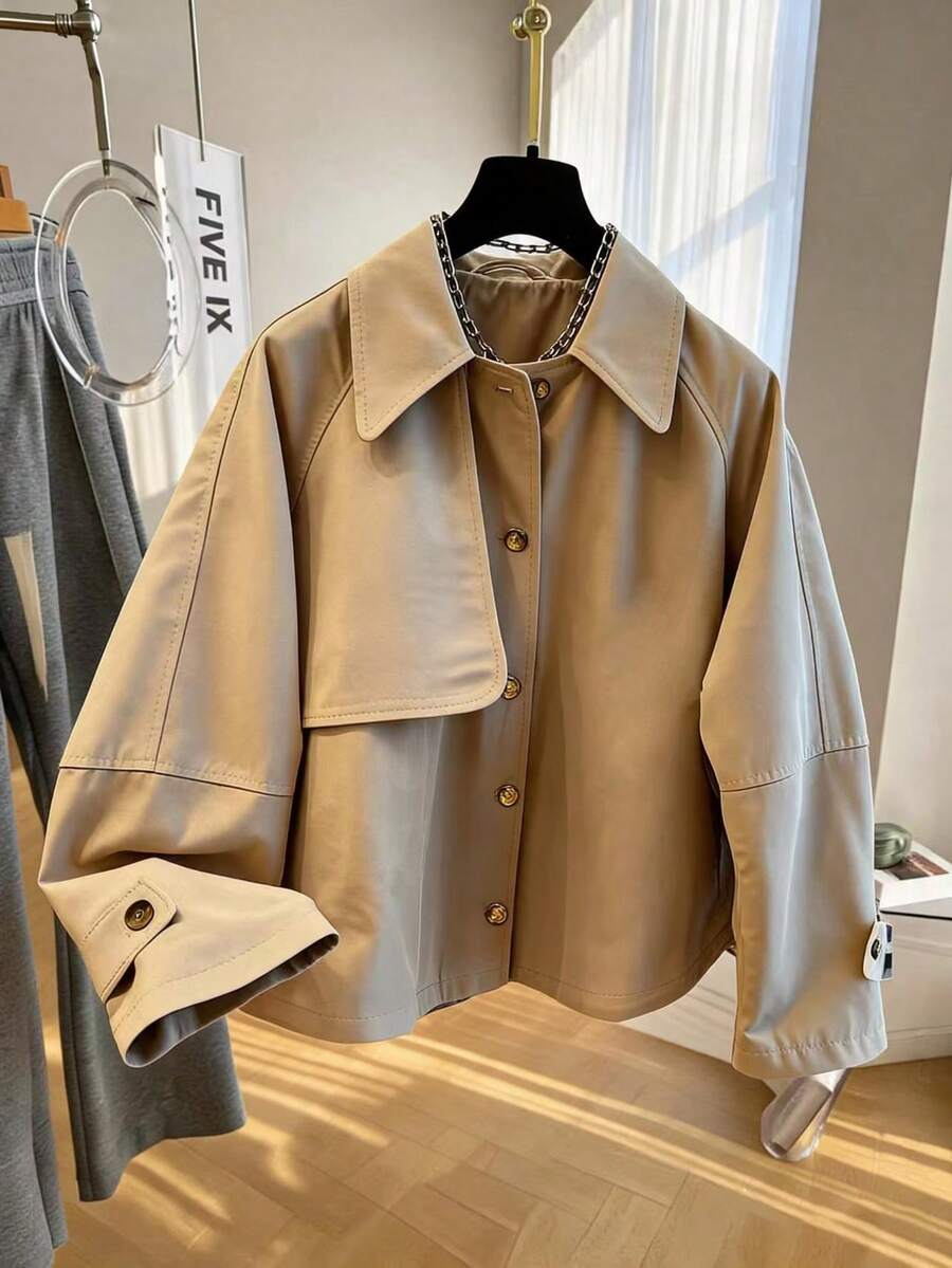 GlowEve Women's Solid Color Raglan Long Sleeve Single-Breasted Casual Trench Coat - Khaki - View 1