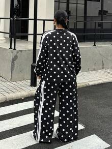 Muchica 女款大尺碼休閒波點印花夾克外套與長褲套裝，適合秋季 - 黑與白 - 查看 2