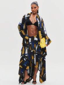 NYA SZN Cera Skirt Baggy High Waist Going Out Sexy Fitted Brunch Birthday Party Special Occasion School Abstract Block Pattern Yellow Blue Black - Yellow - View 1