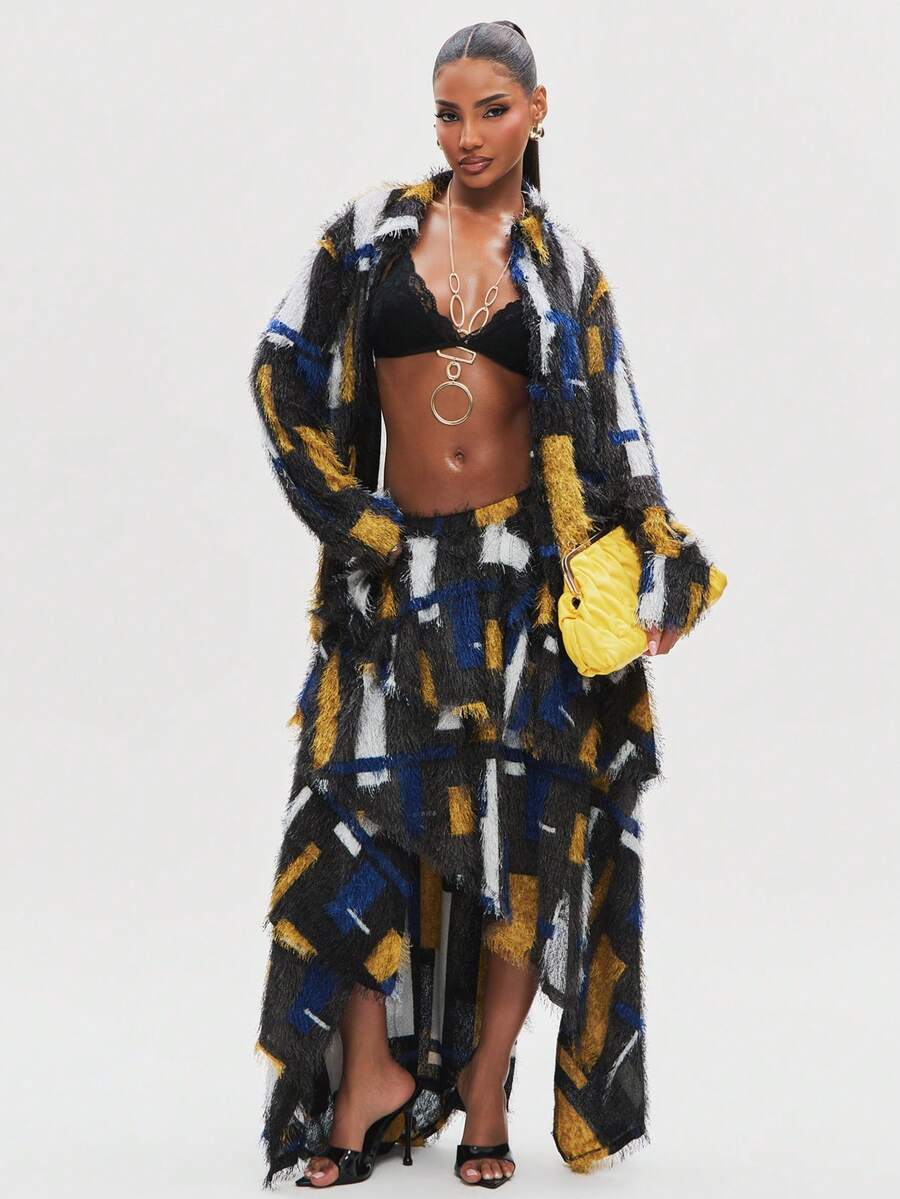 NYA SZN Cera Skirt Baggy High Waist Going Out Sexy Fitted Brunch Birthday Party Special Occasion School Abstract Block Pattern Yellow Blue Black - Yellow - View 1