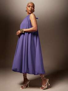 Vixey Solid Woven Bubble Hem Halter Neck Midi Dress - Purple - View 4
