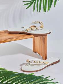 SHUZIA Women's Minimalist Comfortable, Durable, Stone Chain Thong Strap Slip-On Flat Sandals - White - View 7