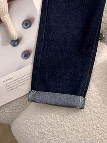 SHEIN Girls' Pastoral All-Match Versatile Ruched Waist Campus Style Fashion Denim Jeans - 深色水洗藍 - 查看 6