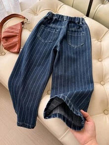 SHEIN 女童白色素面紋理寬腿褲，白色牛仔休閒長褲，適合春夏穿著 - 藍色 - 查看 2