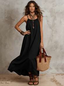 Solivie Women's Solid Color Pleated Casual Spaghetti Strap Dress For Vacation - Black - View 3