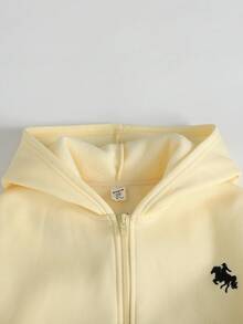 Tween Girls Cream Yellow Front Zipper Hoodie With Embroidered & Sweatpants Tracksuit 2Pcs Set - Yellow - View 5