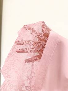 SHEIN EZwear 粉色針織女款短袖T恤，蕾絲下擺 - 粉色 - 查看 6