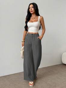 SHEIN PETITE 女款純色口袋休閒百搭日常穿著寬腿褲 - 深灰色 - 查看 7