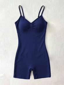 INAWLY Solva Women's Solid Color Pleated Romper, Versatile For Vacation And Beach - Navy Blue - View 7