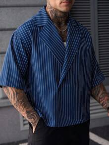 SLATEMANN 男士條紋翻領單鈕扣休閒短袖襯衫 - 寶藍色 - 查看 4