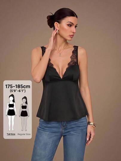 SHEIN Tall Tall Spring/Summer Black Sexy Perspective Lace Splicing Fashion Satin Strap Back Top