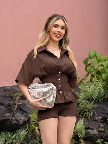 MainGRL Women's Solid Color Single-Breasted Short Sleeve Top And Shorts Casual Daily Set - Brown - View 3