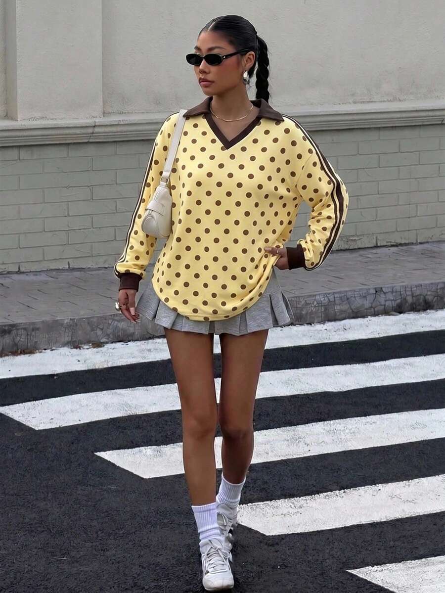 Muchica Women's Polo Collar Long Sleeve Loose Sweatshirt Yellow Coffee Polka Dot Back To School Modern Urban Fashion Business Casual Office Wear, Low-Key - Multicolor - View 1