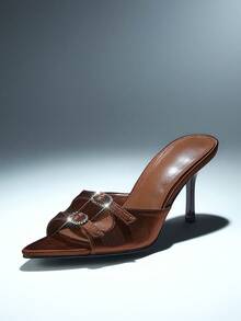 SHUZIA Women Elegant Pointy Toe Rhinestone Buckle Slip-On Heel Sandals - Coffee Brown - View 6