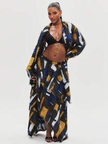 NYA SZN Cera Skirt Baggy High Waist Going Out Sexy Fitted Brunch Birthday Party Special Occasion School Abstract Block Pattern Yellow Blue Black - Yellow - View 5