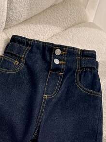 SHEIN Girls' Pastoral All-Match Versatile Ruched Waist Campus Style Fashion Denim Jeans - 深色水洗藍 - 查看 3