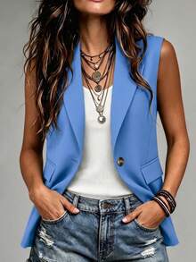 EMERY ROSE Chaleco de mujer de un solo botonadura de unicolor, versátil y casual para ir al trabajo. Conjunto de traje azul para mujer, ropa casual de verano, blazer azul para mujer, traje azul para mujer, conjunto de chaleco azul para mujer, blazer sin mangas azul para mujer - Celeste - Ver 1