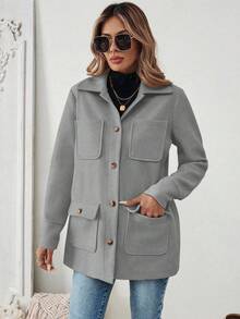 SHEIN PariChic 女款純色口袋休閒百搭日常旅行長袖夾克 - 灰色 - 查看 5