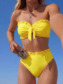Swim Mod Women's Summer Beach Solid Color Ruffled Strapless Bikini Set - Yellow - View 1