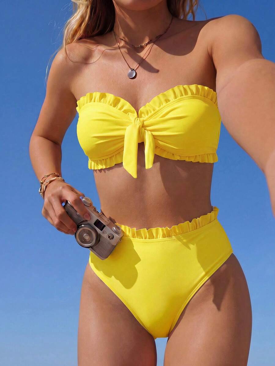 Swim Mod Women's Summer Beach Solid Color Ruffled Strapless Bikini Set - Yellow - View 1