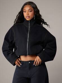 Denimoi High Neck Zip Front Barrel Sleeve Cinched Waist Denim Jacket Denim Cropped Jacket Fashion Denim - Black - View 5