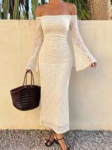 DAZY Women's Elegant Lace Off-Shoulder Long Dress, Spring/Summer Wedding Guest Dress Sundress - Beige - View 2