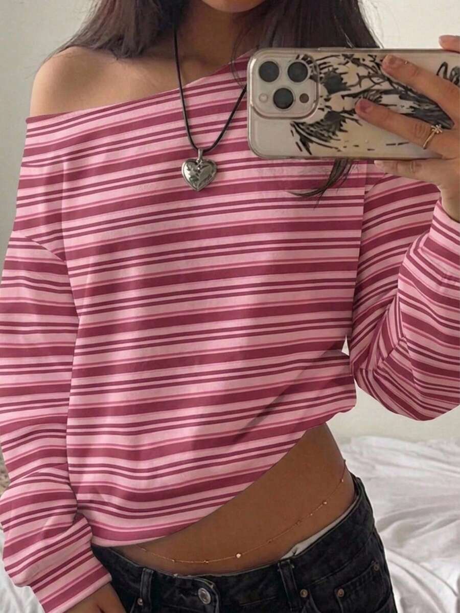 SHEIN EZwear 女款不對稱單肩寬鬆休閒極簡日常百搭派對聚會機場穿搭 Y2K 上衣,玫瑰粉條紋,女款夏季穿搭,戶外穿搭 - 彩色 - 查看 1