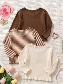 Kaos Anak Perempuan Korea Berkerut dan Bergaris, Atasan Lucu, Musim Gugur, Gaya Musim Gugur Terbaru, Gaya Musim Gugur, Set 3pcs/Set Little Bear Buatan Tangan - MultiWarna - View 2