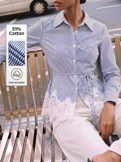 Maija Brown & White Striped Women's Shirt, Summer Long Sleeve Lace Trim Patchwork Waist-Cinching Urban Casual