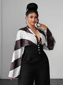 Maweii Geometric Colorblock Print Deep V-Neck Batwing Sleeve Blouse With Ruched Waist And Gold Button Short Shirt Fall - Multicolor - View 4
