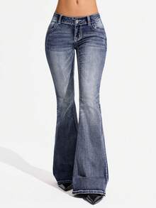 Jeanoix Quần jeans ống loe thời trang Y2K dành cho nữ cỡ lớn, đa năng. - Rửa tối - Xem 3