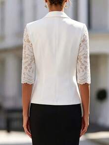 SHEIN Women's White Blazer With Lace Lapel, Casual Versatile, Elegant And Fashionable - White - View 2