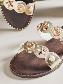 VACAZURE Women's Minimalist Comfortable, Double Band Slip-On Flat Sandals With Metal Ornaments Summer Shoes - Gold - View 6