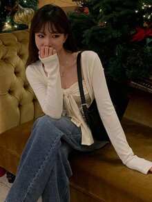 DAZY 2pcs Women Solid Color Casual Twist Camisole And Cardigan Set - Apricot - View 2