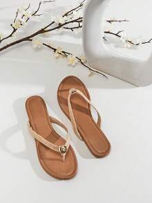 SHEIN SHUZIA Women's Seashell T-Strap Round Toe Flip Flops Thong Pool Sandals - Beige - View 6